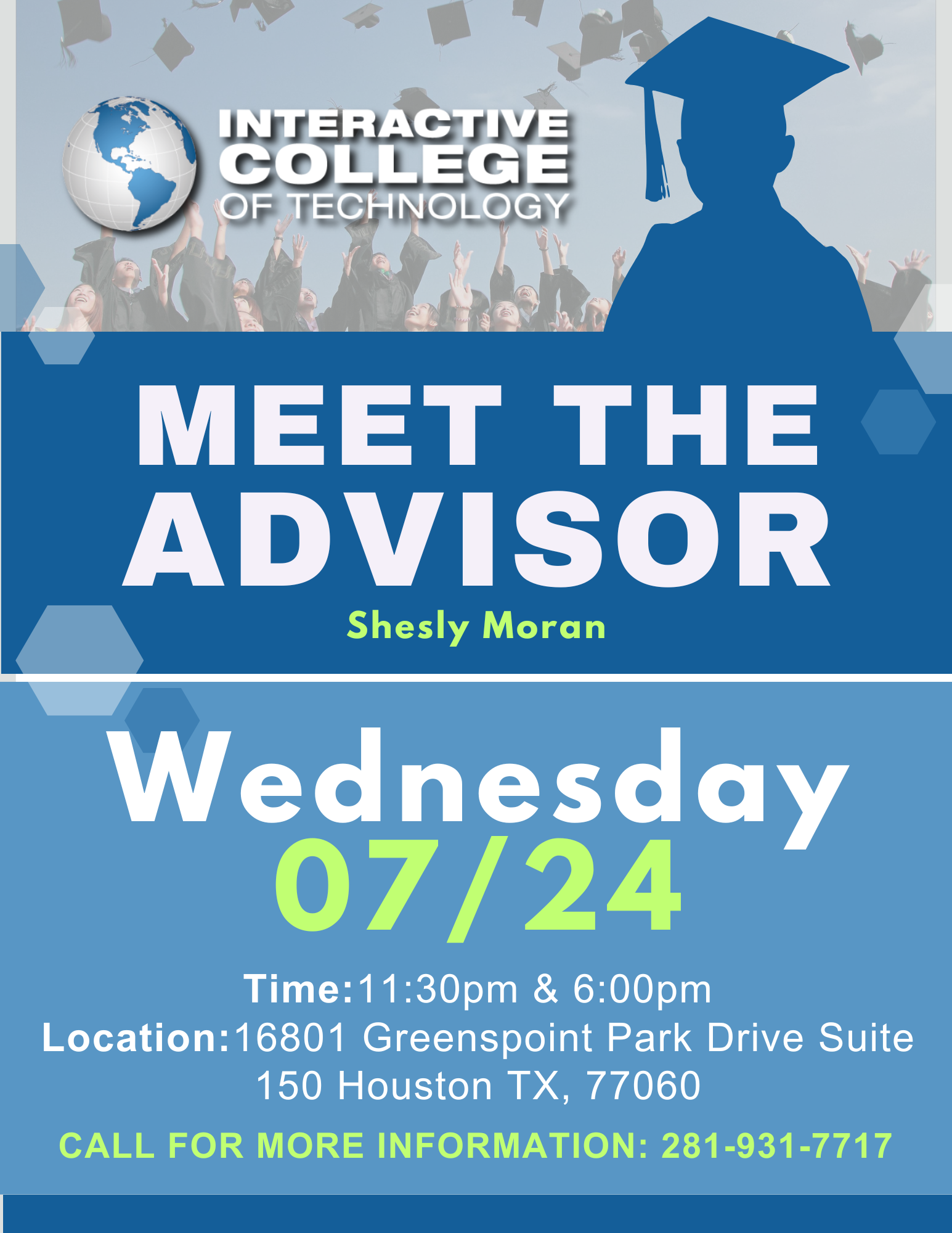 Invitation for students at the North Houston Campus to meet their advisor.