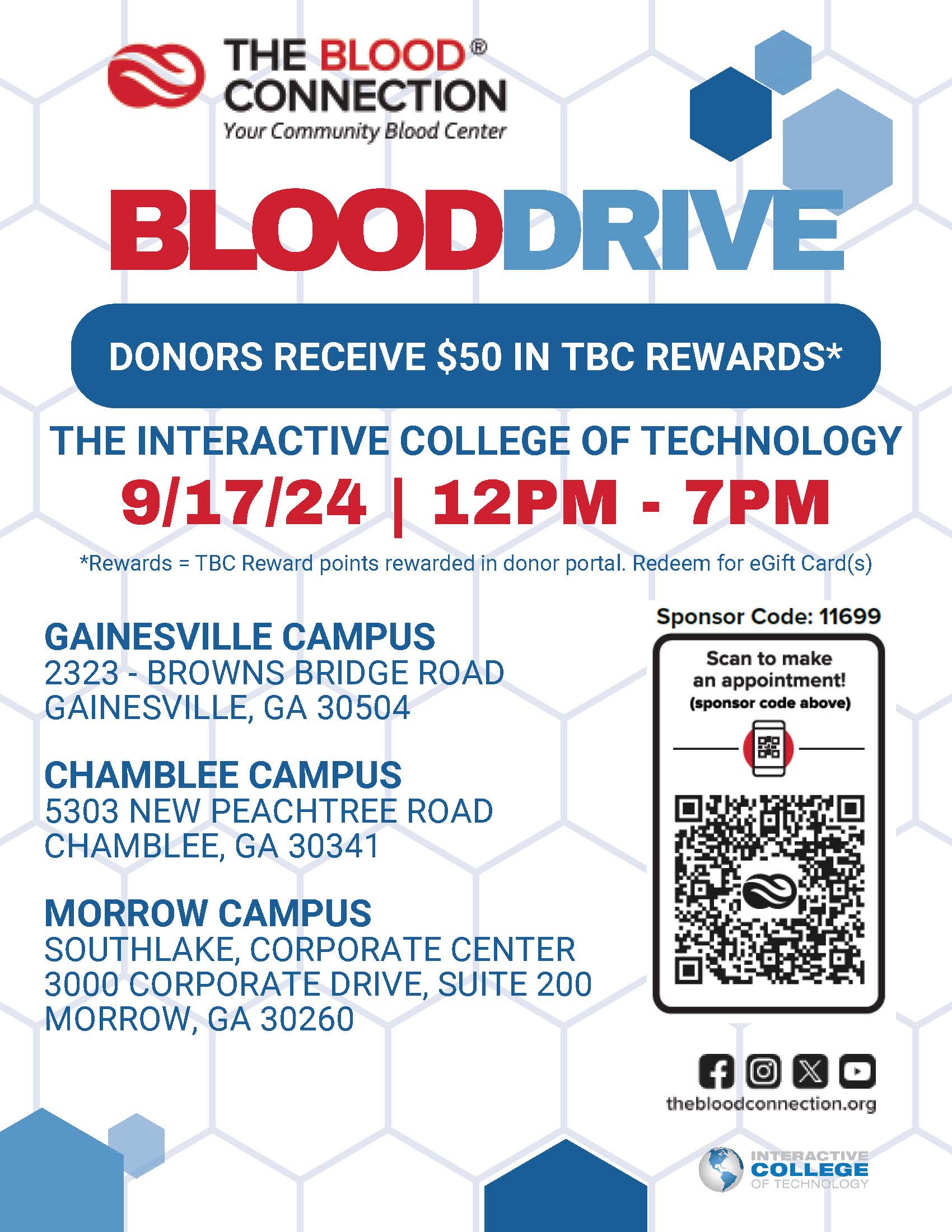 ICT Blood Drive at Chamblee, Gainesville, and Morrow campuses on September 17th from 12 PM to 7 PM.